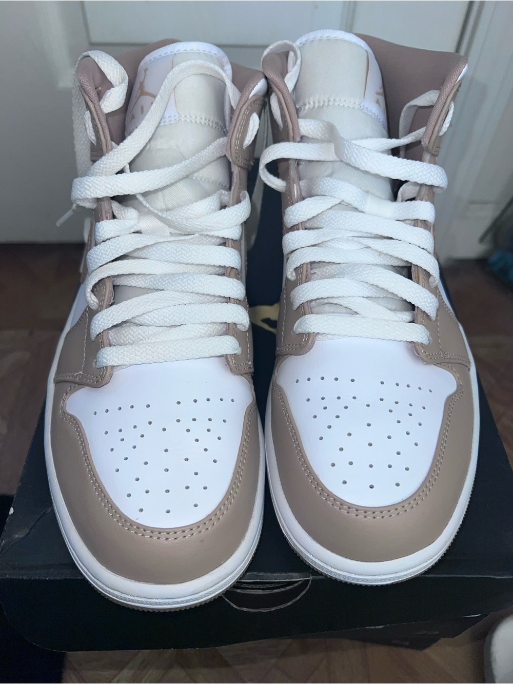Nike Air Jordan 1 MID White and Beige High-Top Sneakers